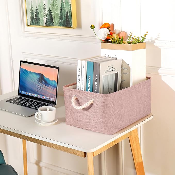 Storage Bins with Sturdy Cotton Handles(3 Pack), Fabric Storage Baskets for Organizing use for Office & Home, Book, Clothes, Toys, Closet Boxes (Small, Pink, 12.2x8.3x6.3 inches)