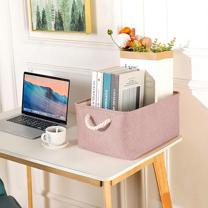 Storage Bins with Sturdy Cotton Handles(1 Pack), Fabric Storage Baskets for Organizing use for Office & Home, Book, Clothes, Toys, Closet Boxes (Small, Pink, 12.2x8.3x6.3 inches)