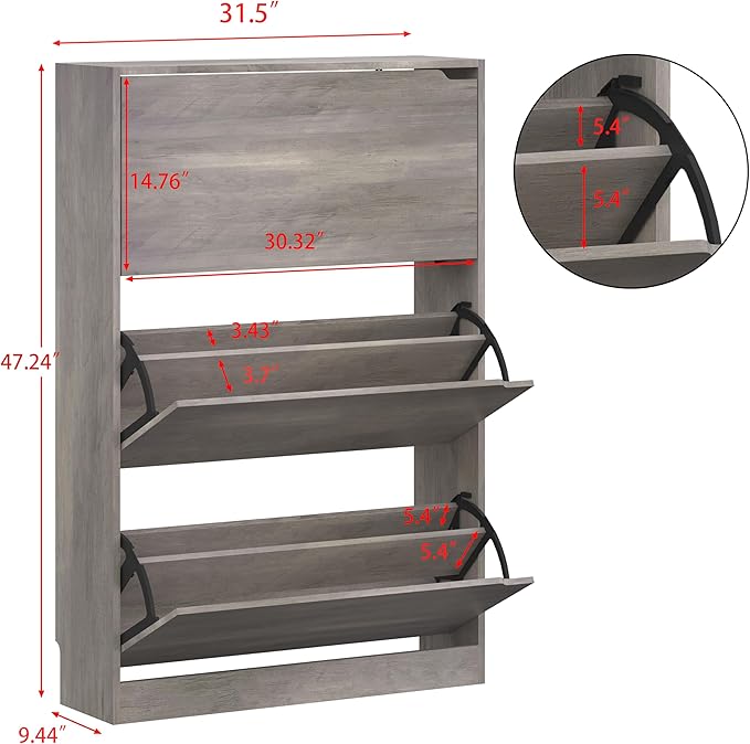 Shoe Storage Cabinet for Entryway, Grey Shoe Cabinet with 3 Flip Drawers, Hidden Shoes Rack Freestanding Storage Organizer for Entryway,Closet, Living Room,Hallway 47.24"H × 31.50"W × 9.44"D