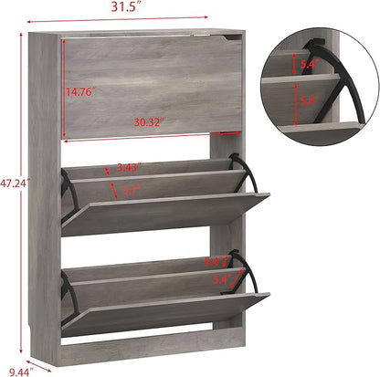 Shoe Storage Cabinet for Entryway, Grey Shoe Cabinet with 3 Flip Drawers, Hidden Shoes Rack Freestanding Storage Organizer for Entryway,Closet, Living Room,Hallway 47.24"H × 31.50"W × 9.44"D