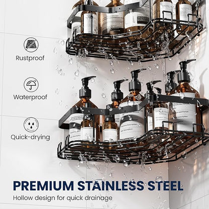 MAXIFFE 3 Pack X-Large Corner Shower Caddy with Soap Holder, Large Capacity and Easy Install, No Drilling Shower Shelves, Stainless Steel Shower Organizer Hold 40 LBS for Family Renters, Black