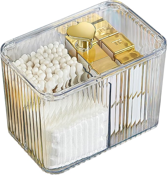 Qtips Holder Bathroom Container, 3-Section Bathroom Organizer Dispenser ,3 Grids Cotton Ball/Swab/Pad Holder ,Jar Organizer Cosmetics Storage for Vanity Clear