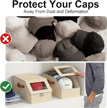 1 Pack Hat Organizer for Baseball Caps, Stackable Hat Storage Box for Closet, Cap Organizer & Cowboy Hat Case, Dustproof Hat Holder for Snapback Trucker Hats, Beige Hat Box