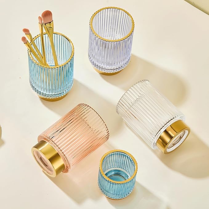 Makeup Brush Holder Organizer,Toothbrush Holders,Desk Pen Pencil Holder,Multifunctional Vintage Glass Brush Cup（L/Blue/A3-8-US）
