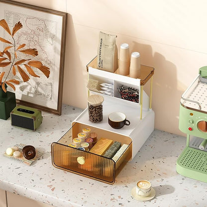 FOLLOWIN 3 Tiers Makeup Organizer with Drawer, Cosmetic Display with Lipsticks Brush Holder, Cosmetics and Beauty Supplies Organizers for Vanity, Dresser, Bathroom Desktop Countertop Organizer, Amber