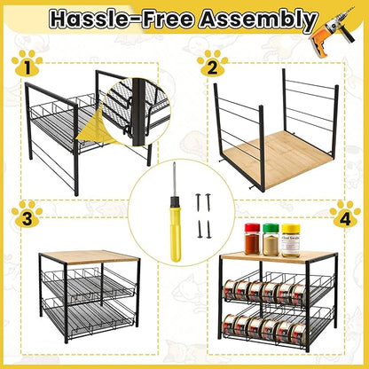 Bamboo & Iron Cat Food Organizer for Pantry, 2-Tier Can Stackable Storage Rack Holds 48 (3oz) Cans, Flat Top for Extra Storage, Automatic Slide-Down Perfect for Pet Food Cans