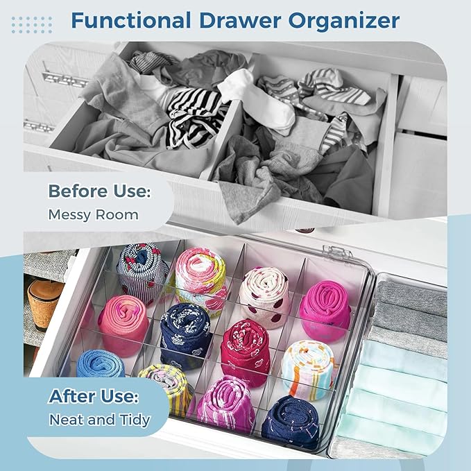 Varku Tie Organizer Box, 16-Cell Clear Tie Rack Organizer, Stackable Tie Display Rack, Drawer Closet Storage Bin with Lid, Storage Box for Ties (16 Cell)