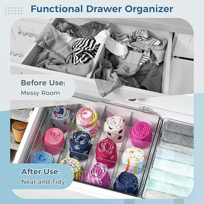 Varku Tie Organizer Box, 16-Cell Clear Tie Rack Organizer, Stackable Tie Display Rack, Drawer Closet Storage Bin with Lid, Storage Box for Ties (16 Cell)