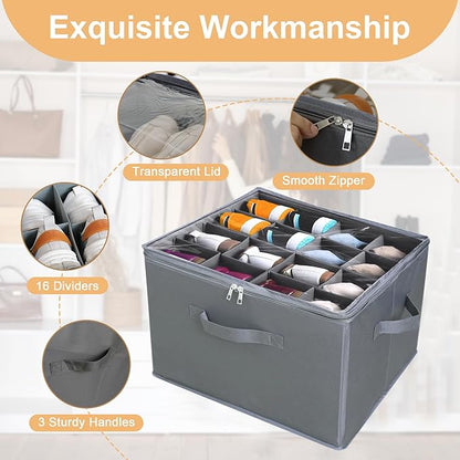 2 Pack Large Fabric Shoe Organizer Storage Box, Shoe Organizer Box with Adjustable Dividers and Clear Lid, Fits 16 Pairs, Fabric Shoe Organization with Handles, Stackable and Foldable