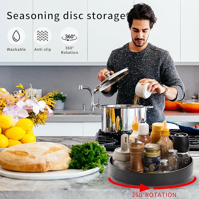 Non-Slip Rotating Lazy Susan Turntable, 360-Degree Swivel, Black with Textured Surface (Black, 10inches+12inches)