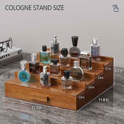 Cologne Organizer for Men,4 Tier Walnut Wood Cologne Stand,Cologne Shelf Display Holder with Hidden Storage and Drawer,Perfume Stand Organizer Great Gifts for Men