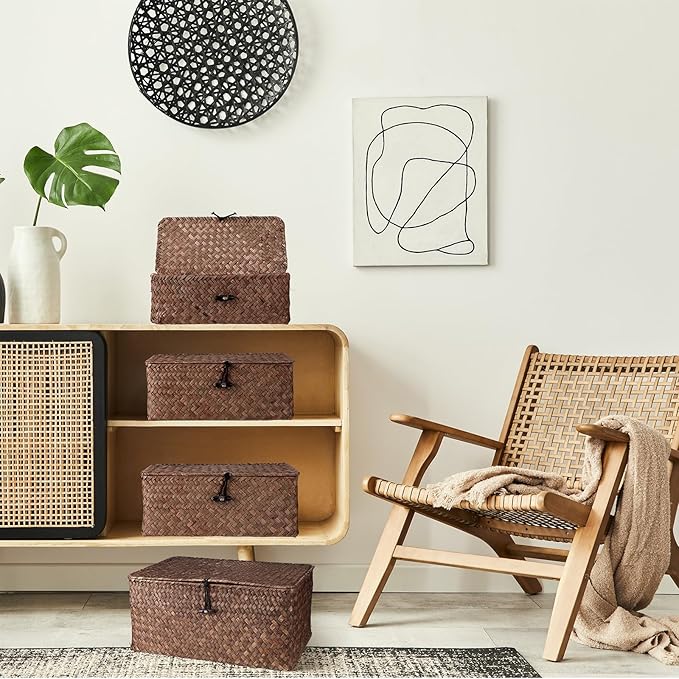 Woanger Set of 4 Wicker Baskets with Lids, Nautral Seagrass Storage Baskets, Woven Rectangular Basket Bins, Rattan Storage Organizer for Shelf Closet Bedroom(Coffee)