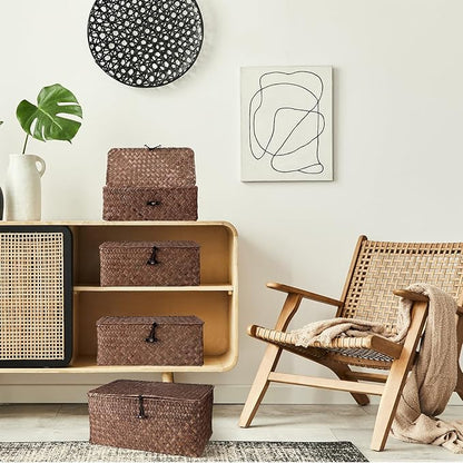 Woanger Set of 4 Wicker Baskets with Lids, Nautral Seagrass Storage Baskets, Woven Rectangular Basket Bins, Rattan Storage Organizer for Shelf Closet Bedroom(Coffee)