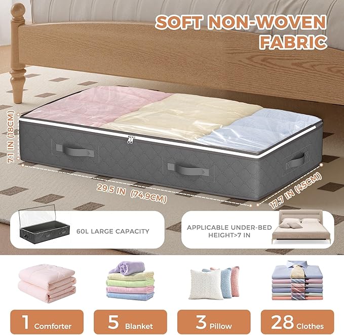 Budding Joy 60L Under Bed Storage Containers, Storage Bins with Clear Lids, Foldable Closet Organizers for Clothes, Blankets, Shoes, Bed Sheets, Comforter, Wrapping Paper, Home Dorm Storage