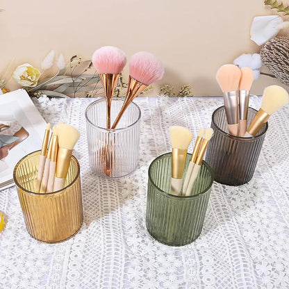 DASITON Makeup Brush Holder Organizer, Acrylic Makeup Brush Cup, Vintage Striped Make Up Brush Holder for Vanity, Bathroom Countertop, Toothbrush Holders, Pen Holder for Desk Storage (Yellow)
