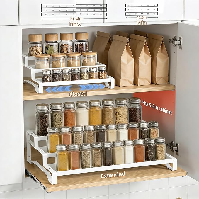 SANKEU Expandable Spice Rack Organizer for Cabinet 3 Tiered Metal Seasoning Organization with Guardrails Spice Shelf Storage for Jars Adjustable Length 13"-21" White 1Pack