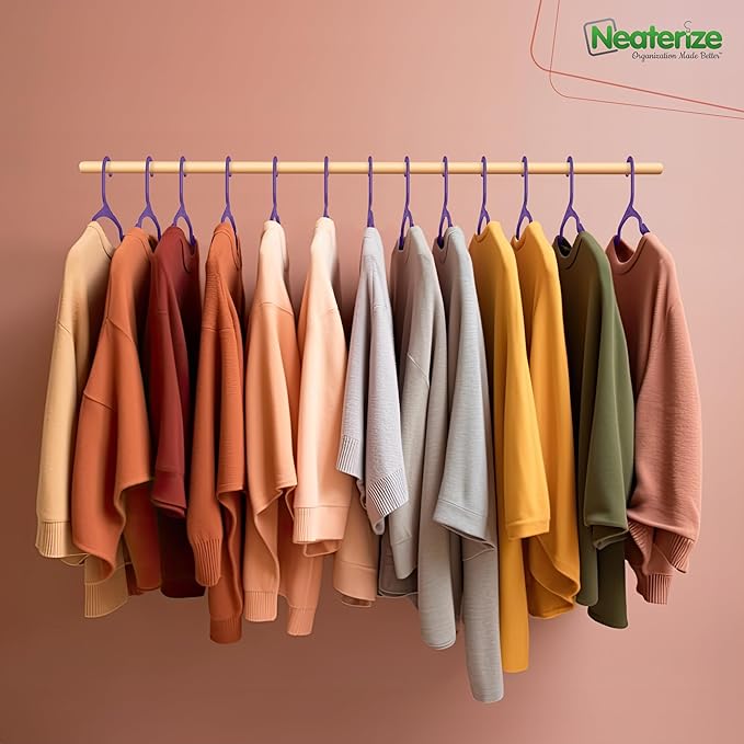NEATERIZE Clothes Hangers Plastic 50 Pack For Adults - Plastic Hangers, The Perfect Coat Hanger and Space Saving Clothes Hangers for Closet, Percheros Ganchos para Colgar Ropa Hangars - Purple Hangers
