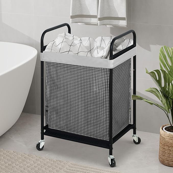 STO STO Laundry Hamper, 90L Rolling Laundry Sorter Cart with Removable and Washable Liner Bag, Clothes Hamper with Wheels and Metal Handle for Laundry Room and Bedroom, Gray