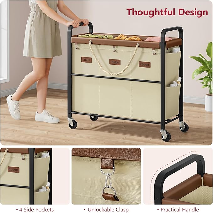 Tajsoon 148L Large Laundry Sorter 3 Section, Laundry Hamper with Heavy Duty Lockable Wheels, Rolling Laundry Cart with Sturdy Metal Frame, Leather Patchwork Laundry Basket with Removable Bag, Beige