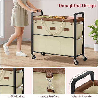 Tajsoon 148L Large Laundry Sorter 3 Section, Laundry Hamper with Heavy Duty Lockable Wheels, Rolling Laundry Cart with Sturdy Metal Frame, Leather Patchwork Laundry Basket with Removable Bag, Beige