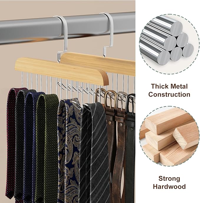 2 Pack Belt Hanger for Closet, Wooden Tie Racks Hangers with Upgraded 360° Rotating, Space-Saving Belt Organizer with 8 Hooks, Closet Storage for Tank Top, Bra, Scarf, Hat
