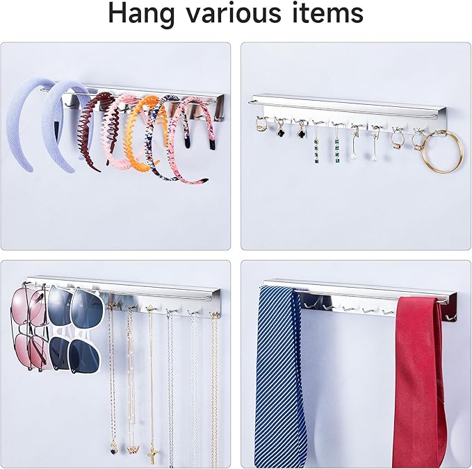 2PCS Necklace Holder Wall Mount, Sunglasses Organizer Wall Display with 20 Jewelry Hooks for Earring Bracelet Glasses, Hanging Jewelry Organizer, Sunglass Holder, Necklaces Hanger, Silver