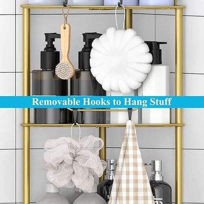 HuggieGems 5 Tier Floor Standing Corner Shower Caddy Organizer Shelf with Hooks, Bathroom Shelves Stand Rack, Gold