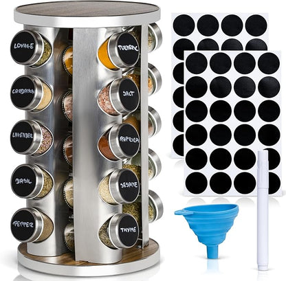 Oak Marketplace 20 Jar Rotating Spice Rack Organizer – Stainless Steel Revolving Countertop Spice Rack with 20 Glass Spice Jars and Labels