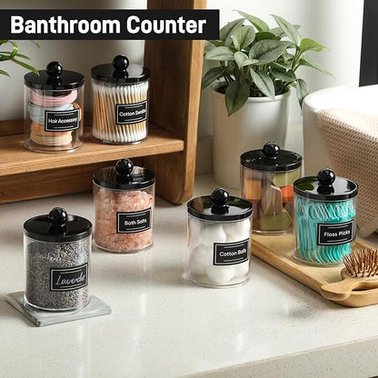6 Pack Acrylic Qtip Holder Dispenser for Cotton Swabs, Balls, Pads, Floss - Plastic Canister Apothecary Jar Set, Bathroom Essentials Accessories Decor Vanity Makeup Storage Organizer - Clear & Black