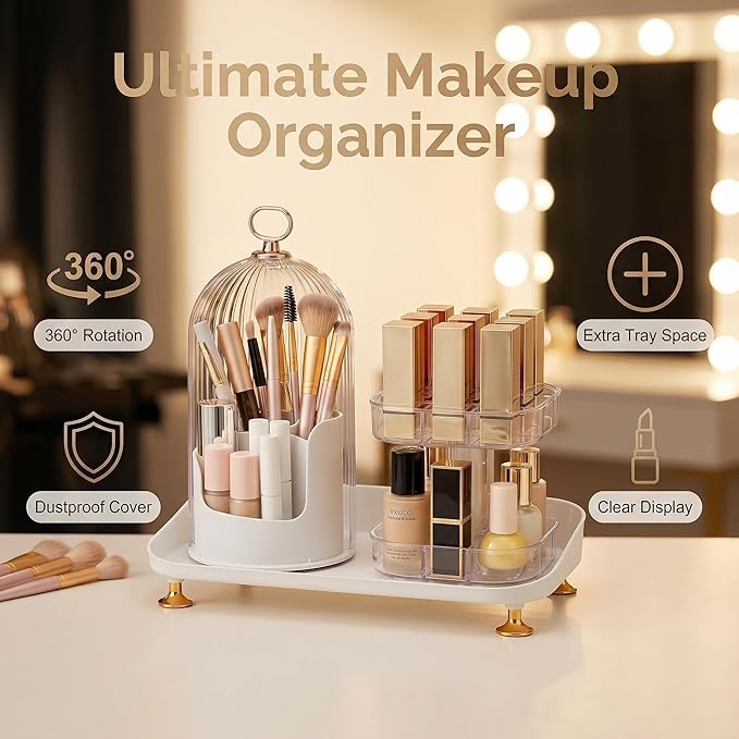 Makeup Brush Holder with Lid, 360° Rotating Makeup Organizer, Large Capacity Dustproof Storage Box & Lipstick Display Stand, Multifunctional Desktop Vanity Organizer with Easy Access