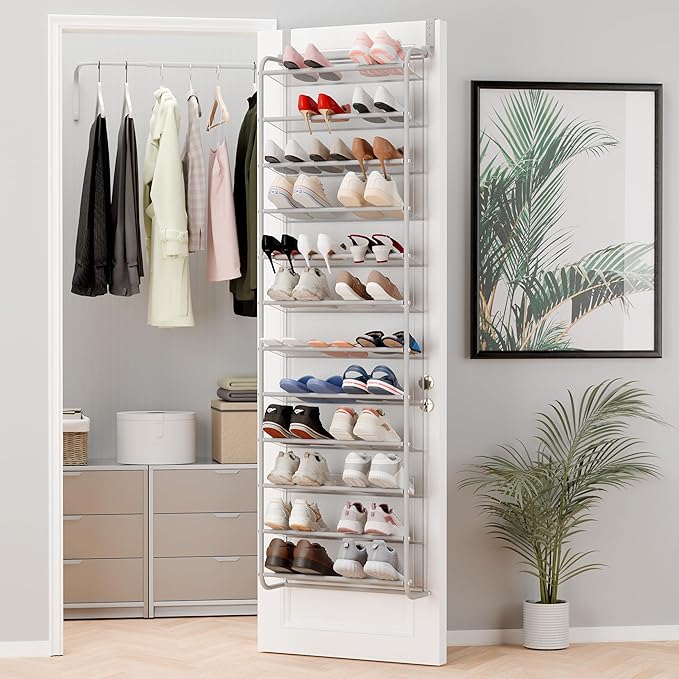 Whitmor 36 Pair Over The Door Shoe Organizer, 12 Tier Hanging Shoe Organizer, Heavy Duty Metal & Mesh Shoe Holder, Hanging Shoe Rack for Closet Organizer & Storage, 74"L x 21.7"W x 7.5"H, Grey