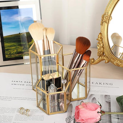 Hipiwe Glass Makeup Brush Holder 3 Slot Mirrored Gold Cosmetics Brush Organizer Eyeliners Display Case Vintage Decorative Makeup Storage Box Desktop Pen Pencil Pot, Large