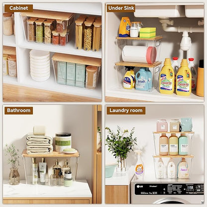 Criusia 4 Set Pantry Organizers and Storage with Bamboo Lids, Stackable Clear Bins for Onion, Potato, Fruit, Vegetables, Trash Bag Dispenser, Kitchen and Under Sink Organizer