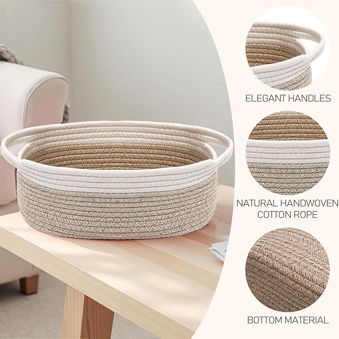 JMvicyroam Woven Basket,Small Rope Storage Bin with Handles & Ribbon Bag, Organizer for Shelves Closets,Gift Basket Empty for Birthday,Books,Dog Toys, White&Oatmeal/3 Pack
