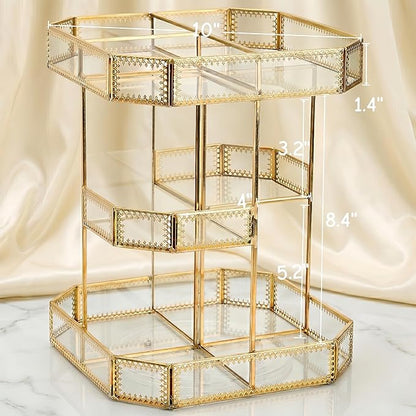 ZOOFOX 360 Degree Rotating Glass Makeup Organizer, Large Cosmetics Storage Display Holder with Gold Trim for Vanity, Clear Makeup Carousel for Perfume, Cosmetics, Brushes, Lotion, Lipsticks
