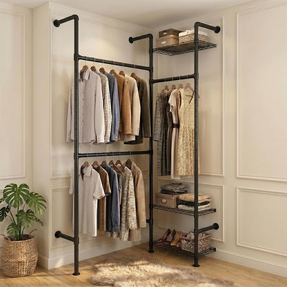 F2 Wall Mounted Closet System, Industrial Pipe Clothing Rack for Hanging Clothes, Heavy Duty Closet Organizer System, Clothes Racks with Shelves & Expandable Rod for Wardrobe, Corner, Black