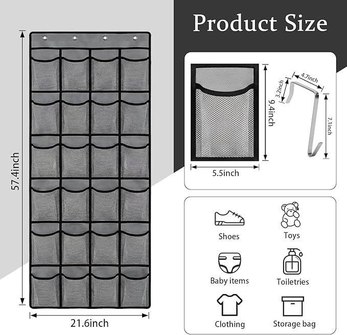 Over the Door Shoe Organizer, 24 Large Breathable Mesh Pockets, Space Saving Hanging Storage, Holds Up to 40 lbs, Hangs on Closets for Shoes, Accessories, Gray
