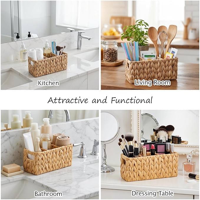 Wicker Party Silverware Caddy Water Hyacinth Plastic Kitchen Cutlery Utensil Holder Hand Woven Spoon Forks Knives Organizer Basket with Handles for Table Countertop Picnic flatware Storage