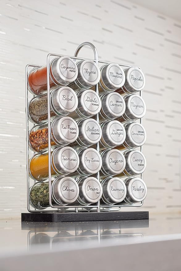 Orii 20 Jar Spice Rack Stainless Steel with Spices Included - Standing Rack Shelf Holder & Countertop Spice Rack Tower Organizer for Kitchen Spices