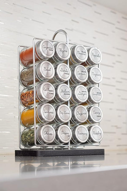 Orii 20 Jar Spice Rack Stainless Steel with Spices Included - Standing Rack Shelf Holder & Countertop Spice Rack Tower Organizer for Kitchen Spices