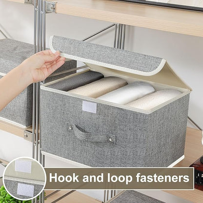 Storage Boxes, Collapsible Storage Bins with Lids, Cotton and linen cloth Storage Baskets with Handle, for Books, Closet, Bedroom, Home, 13x9.1x7.9 in, Grey