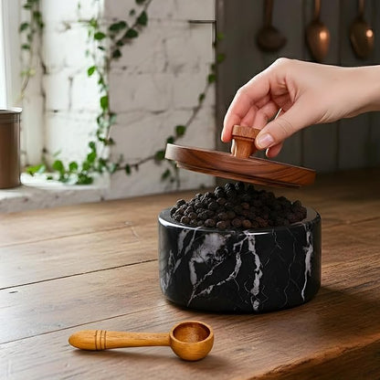 Marble salt cellar with lid and spoon, salt container with spoon, salt bowl with acacia wood lid, salt holder for countertop, salt jar - Black