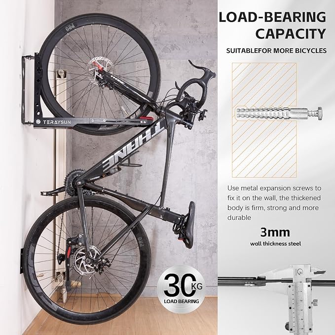 Swivel Bike Wall Mount Rack, Adjustable Vertical Bicycle Hanger for Garage Storage, Heavy Duty 3mm Steel Holder Fits 24"-29" Wheels (Max 3.5" Tire), 66lbs/30kg Load Capacity for MTB Road