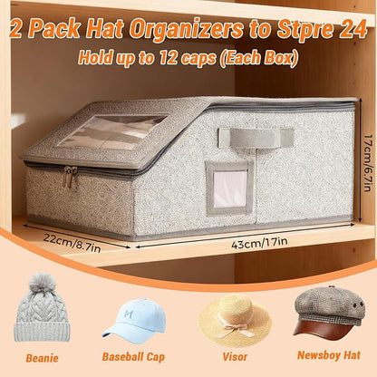 Qivine 2Pcs Stackable Hat Boxes, Space-Saving Baseball Hat Storage, Hats Storage for Baseball Caps with Clear Window, Hold Up to 24 Caps for Closet