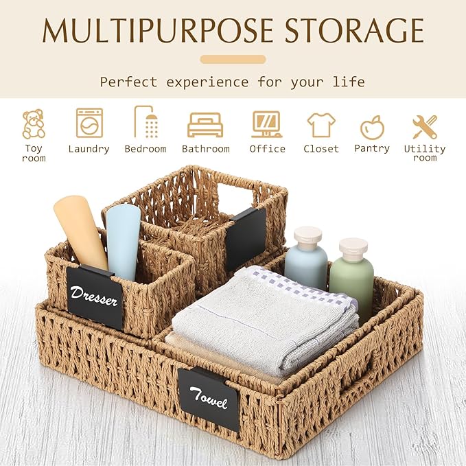 Marsui 9 Pcs Paper Rope Storage Baskets with Handle Labels Handwoven Multi-size Primary Color Storage Bins for Organizing Small Baskets Container for Shelves Closet Pantry Toilet