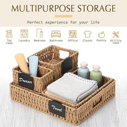Marsui 9 Pcs Paper Rope Storage Baskets with Handle Labels Handwoven Multi-size Primary Color Storage Bins for Organizing Small Baskets Container for Shelves Closet Pantry Toilet