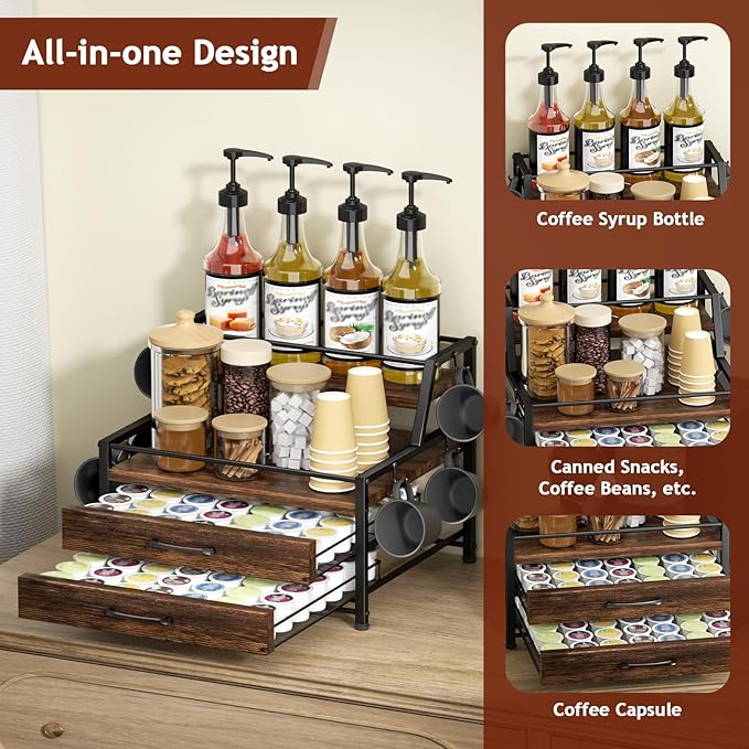 Homsorout Coffee Syrup Rack Organizer - 4-Tier 8 Syrup Wine Bottles Stand with 82 Storage Drawer for K Cups, Coffee Pod Holder for Countertop, Bar Station, Kitchen, Rustic Brown