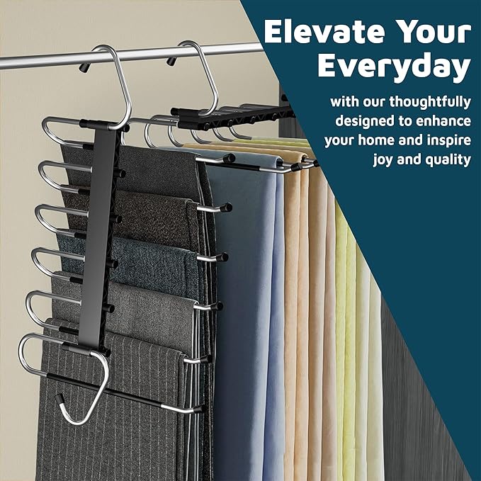 Black Space Saving Pants Hangers 1 Pack, 6 Layer Jeans Hangers & Closet Organizer for Jeans, Scarves, Skirts, Multi-Layer Hanger with Anti-Slip Coating & Stopper, Heavy-Duty S-Type Stainless Steel