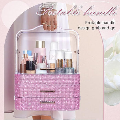 Honeydak Bling Makeup Organizer for Mothers Day Nurses Day Birthday Gifts Rhinestone Cosmetic Display Cases with Transparent Cover, Skincare Perfume Organizer for Countertop, Desk(Pink,Rhinestone)
