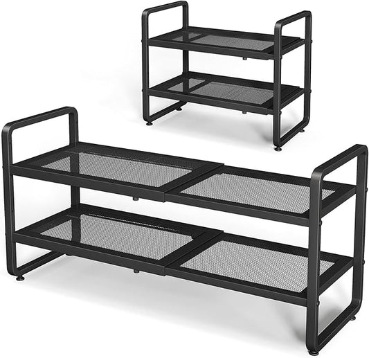 SNTD Shoe Rack - Expandable Shoe Organizer for Closet, Adjustable Metal Shoe Shelf Storage, Stackable Long Shoe Stand Holder for Garage, Entryway, Door Entrance (Black, 2-Tier)